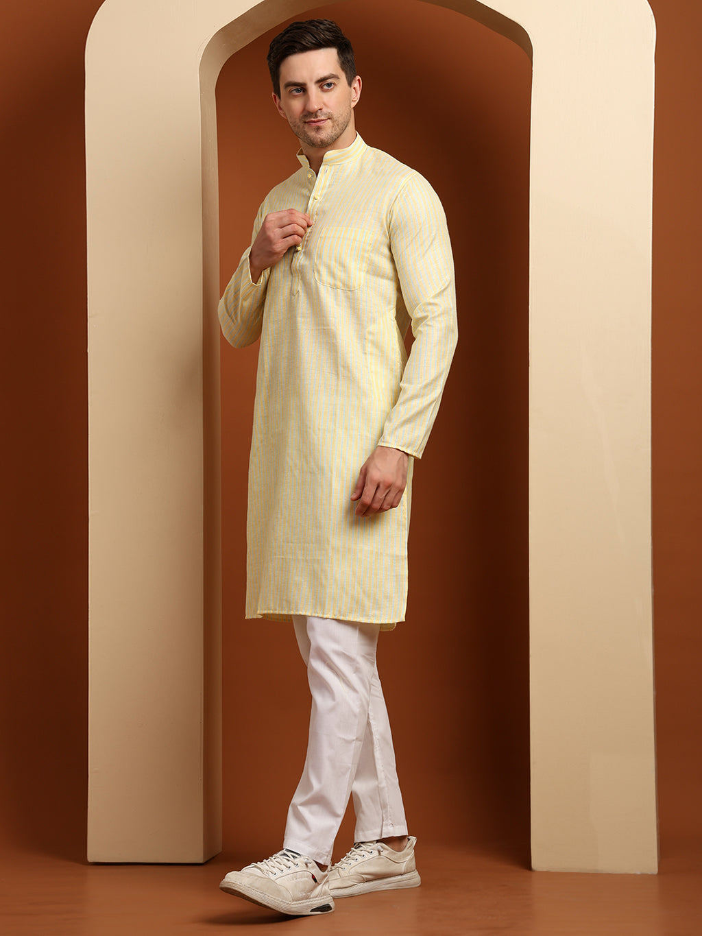 Yellow & Blue Striped Cotton Blend Kurta with White Pajama – Classic Ethnic Wear Set