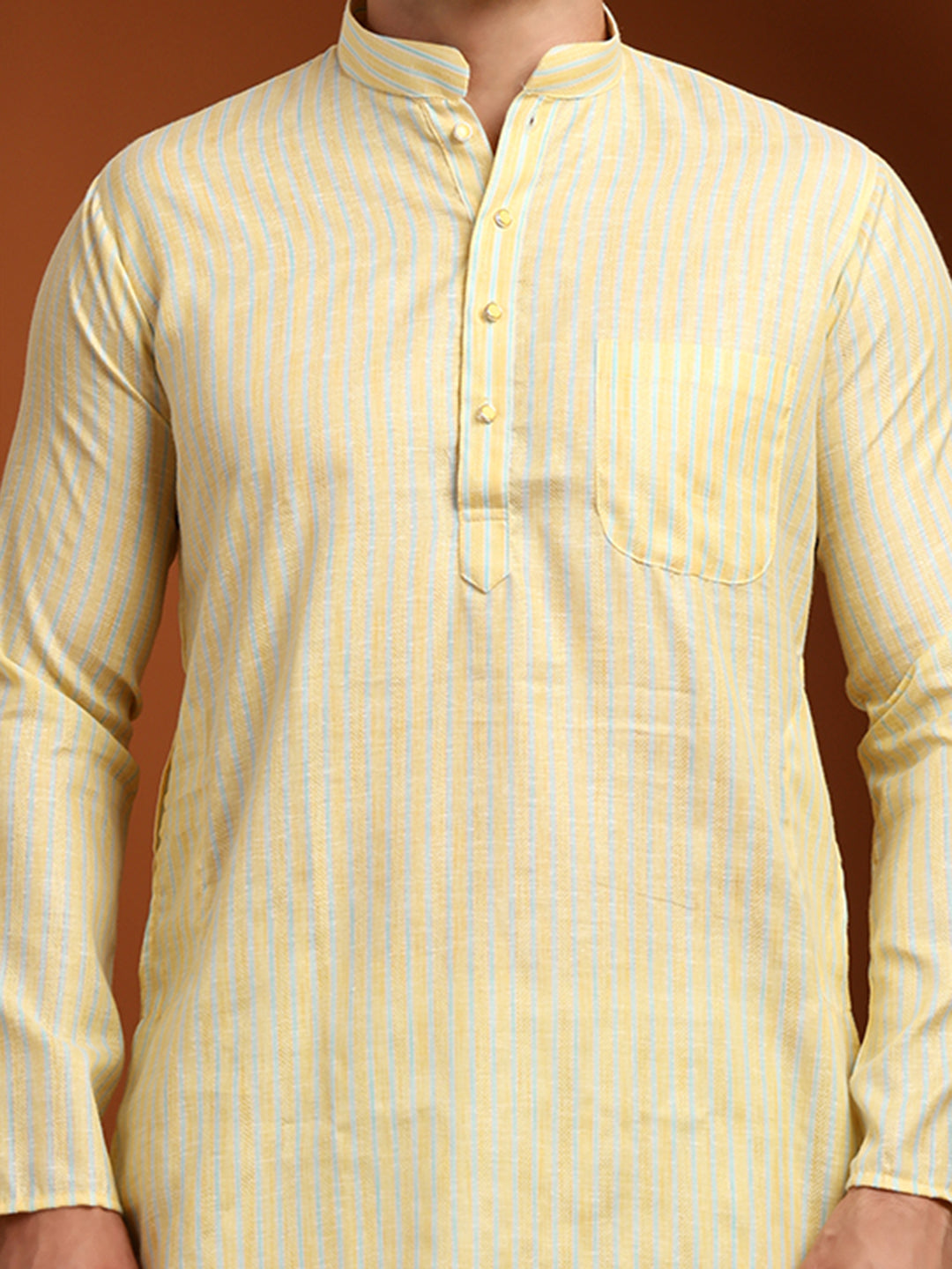 Yellow & Blue Striped Cotton Blend Kurta with White Pajama – Classic Ethnic Wear Set
