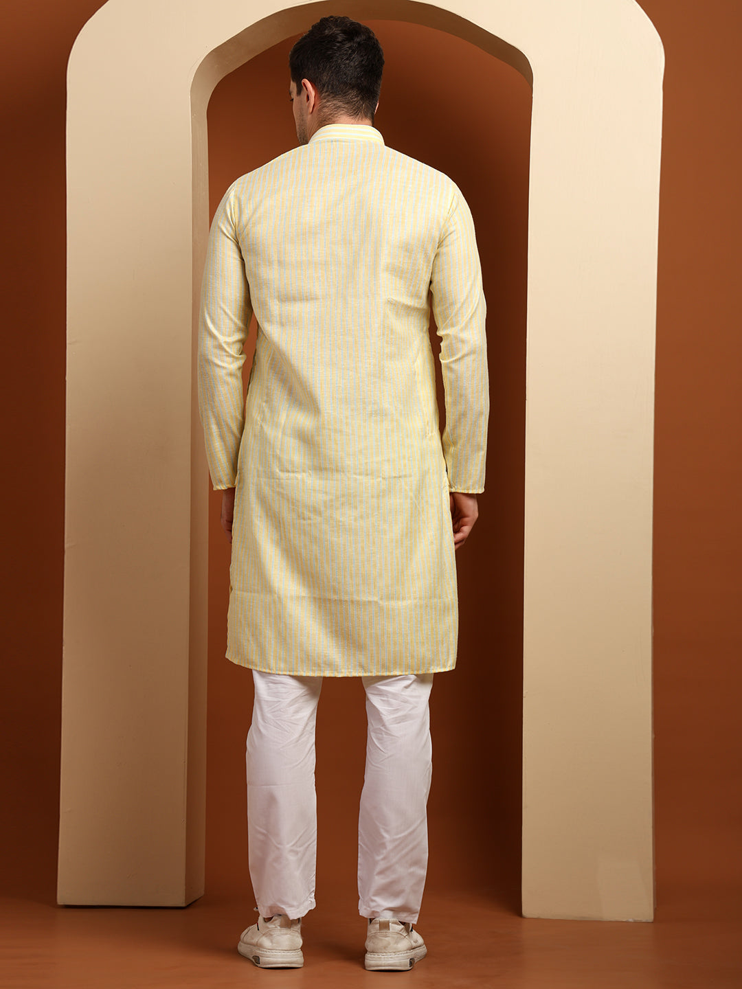 Yellow & Blue Striped Cotton Blend Kurta with White Pajama – Classic Ethnic Wear Set