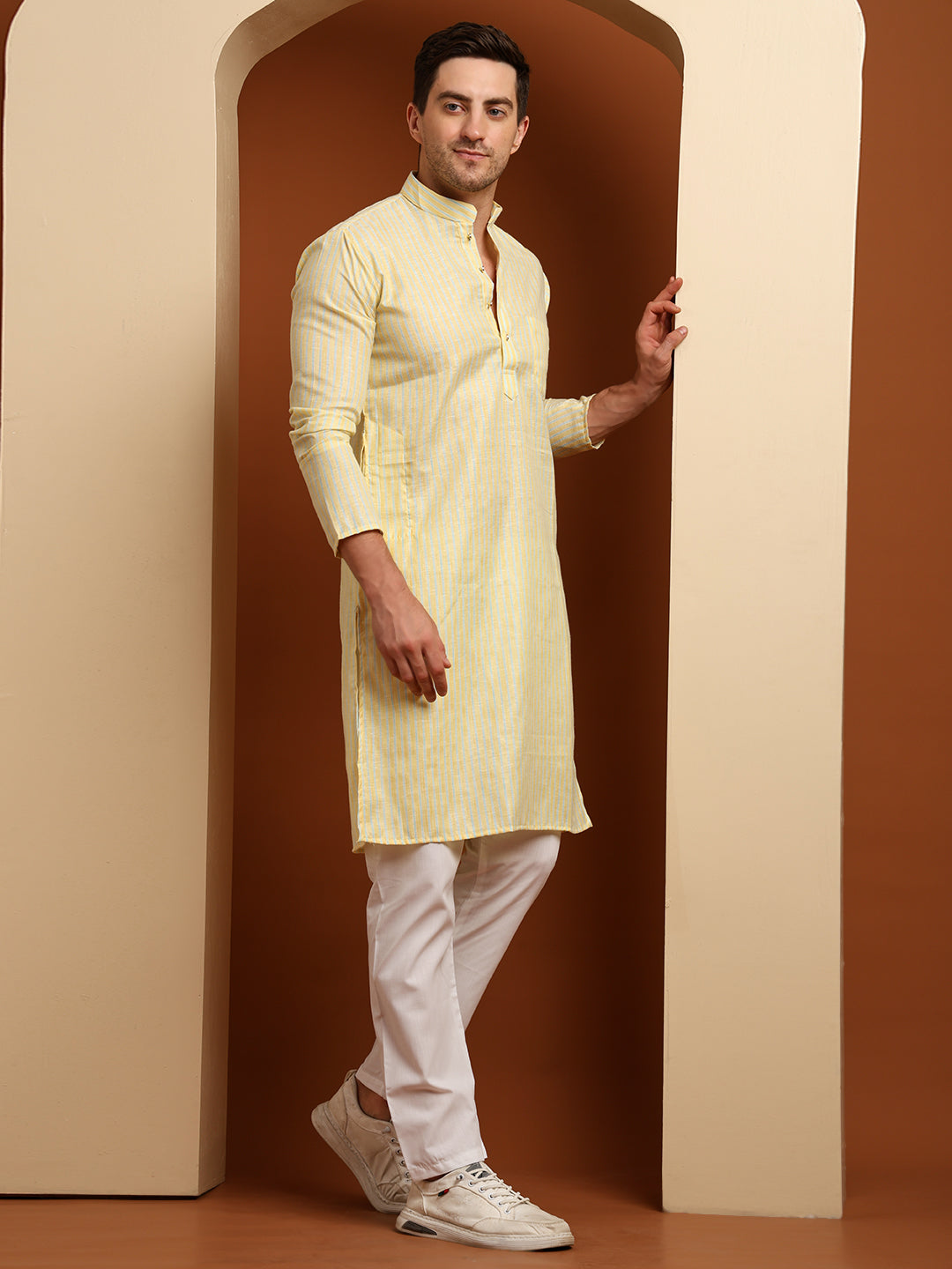 Yellow & Blue Striped Cotton Blend Kurta with White Pajama – Classic Ethnic Wear Set