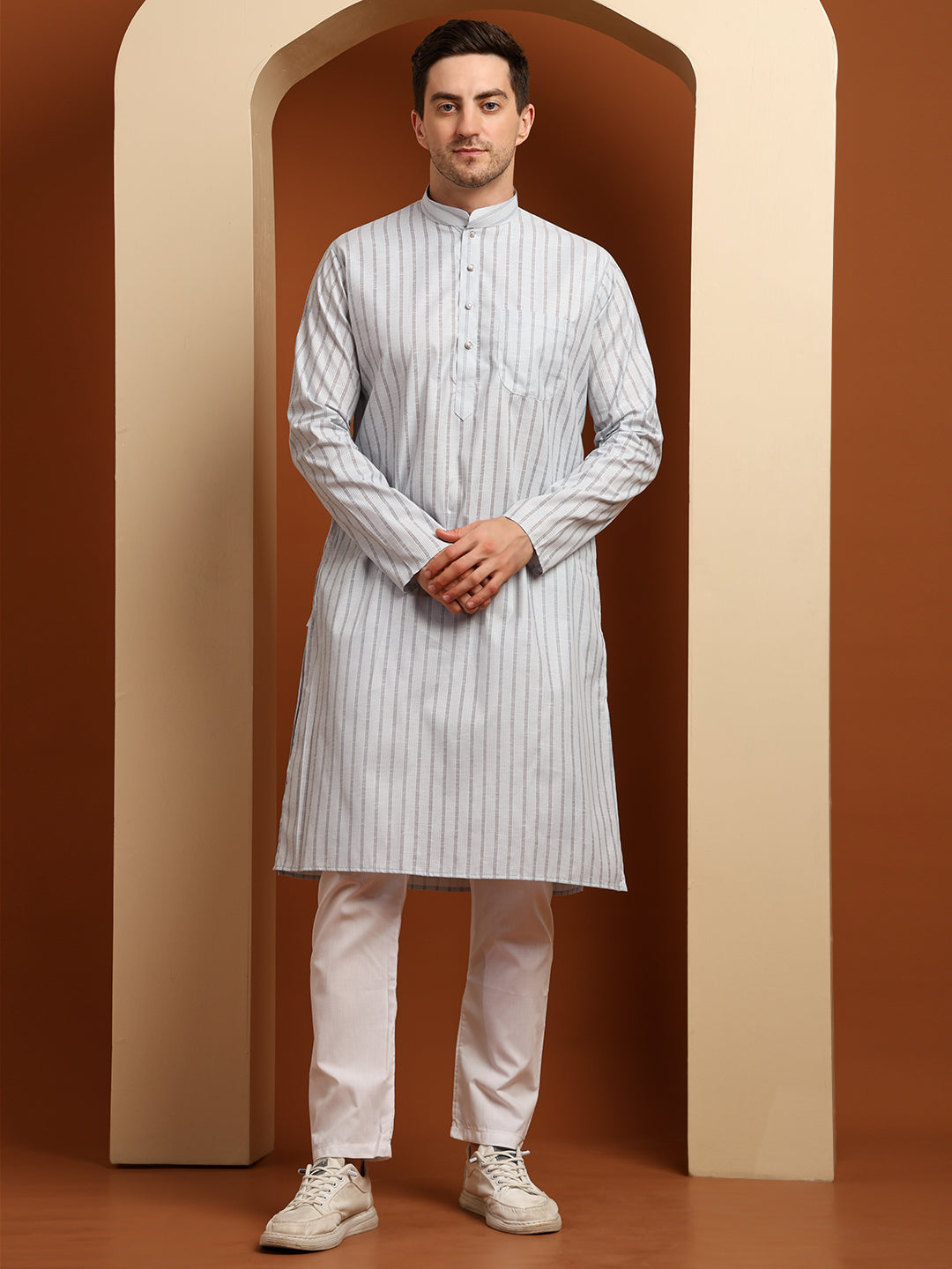 Grey Striped Cotton Kurta with White Pajama – Classic Ethnic Wear Set