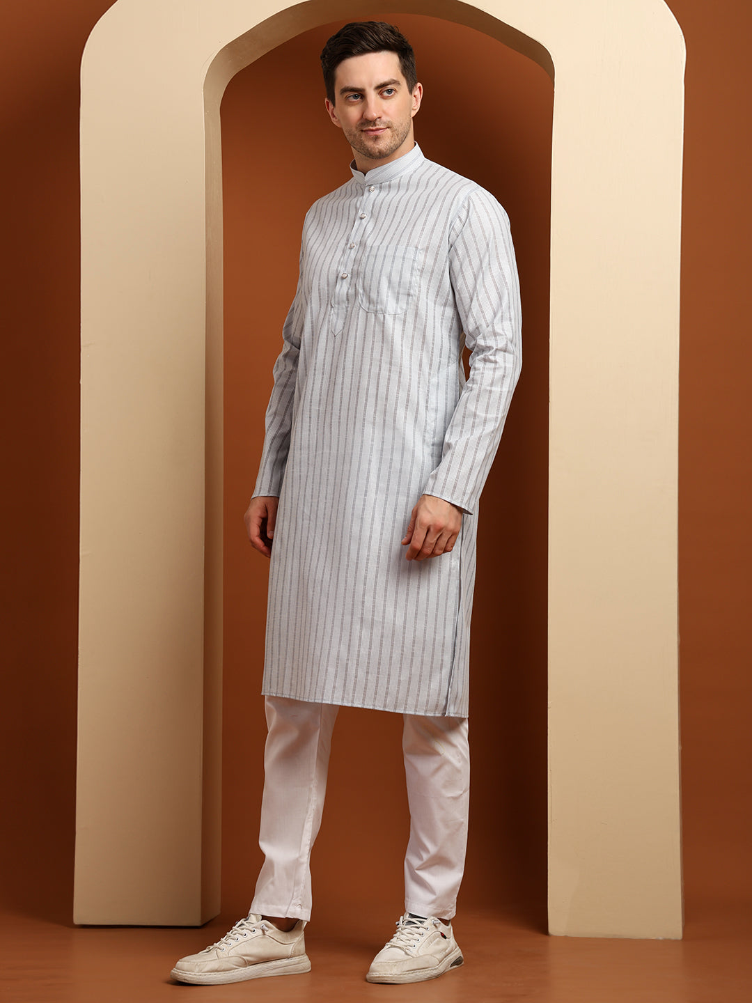 Grey Striped Cotton Kurta with White Pajama – Classic Ethnic Wear Set