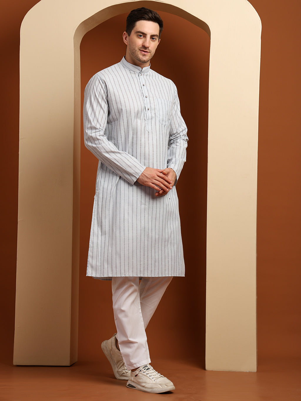 Grey Striped Cotton Kurta with White Pajama – Classic Ethnic Wear Set