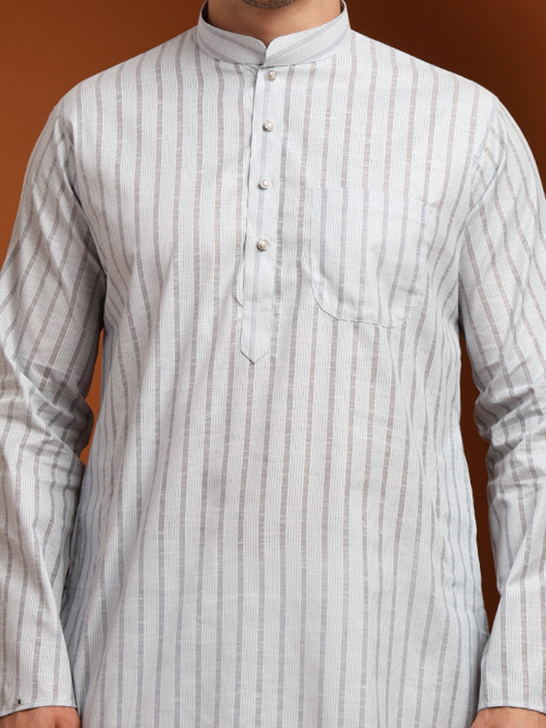 Grey Striped Cotton Kurta with White Pajama – Classic Ethnic Wear Set