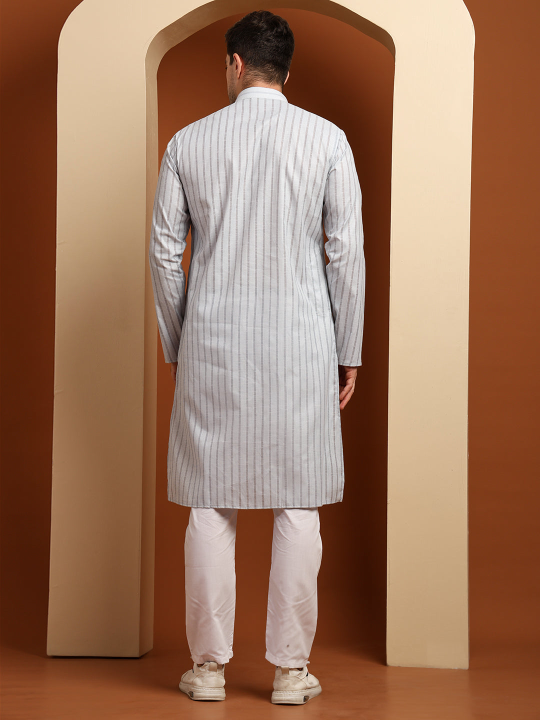 Grey Striped Cotton Kurta with White Pajama – Classic Ethnic Wear Set