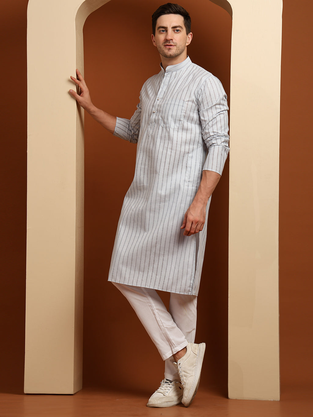 Grey Striped Cotton Kurta with White Pajama – Classic Ethnic Wear Set