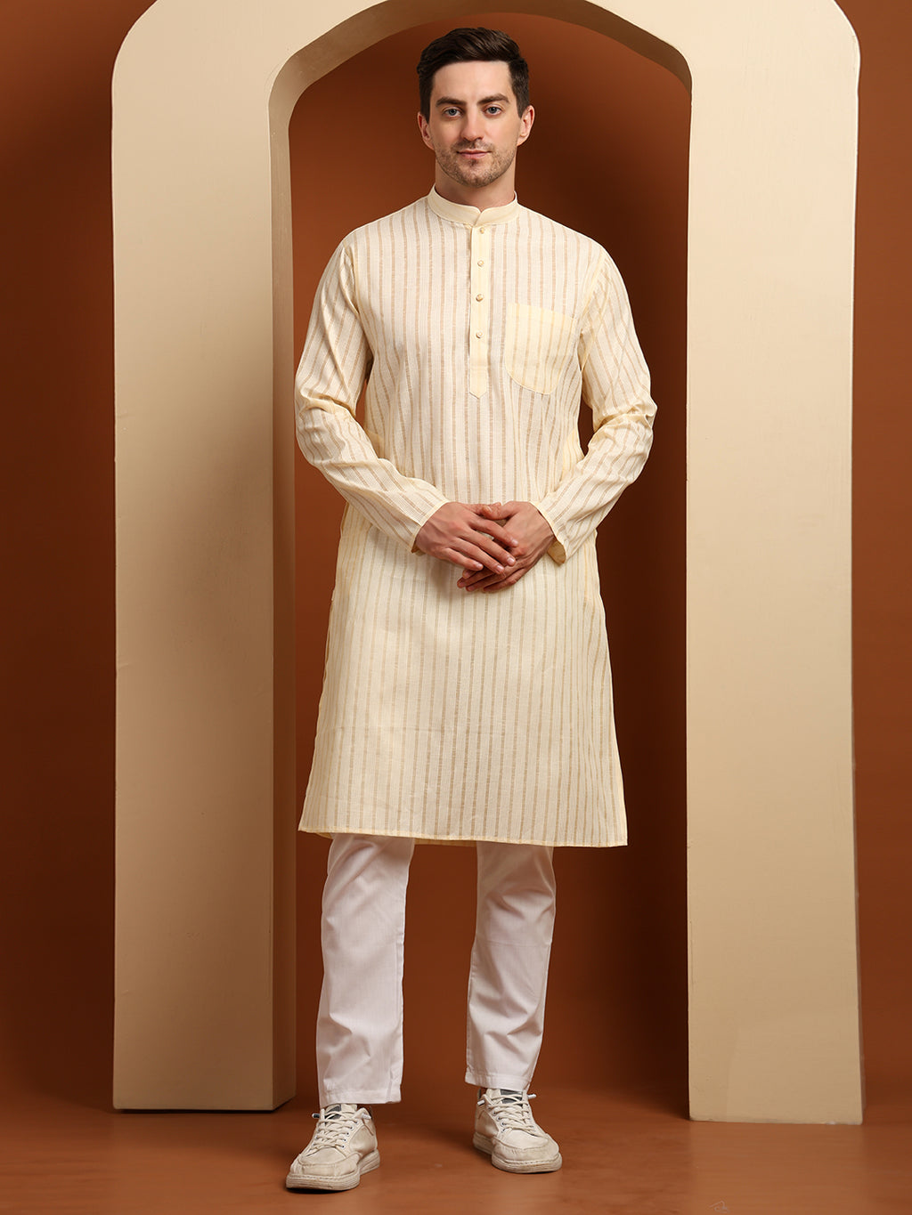 Beige Striped Cotton Kurta with White Pajama – Classic Ethnic Wear Set