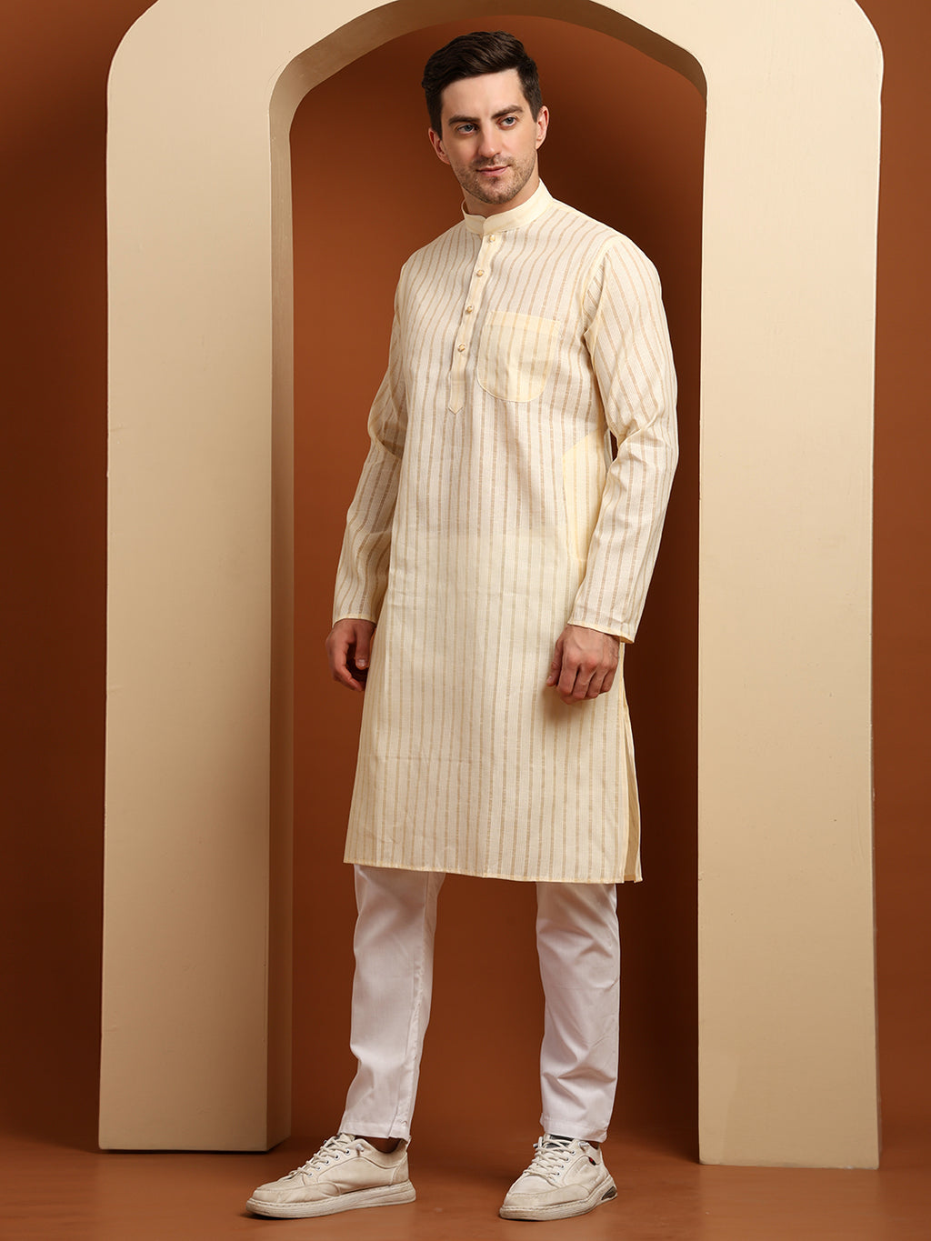 Beige Striped Cotton Kurta with White Pajama – Classic Ethnic Wear Set