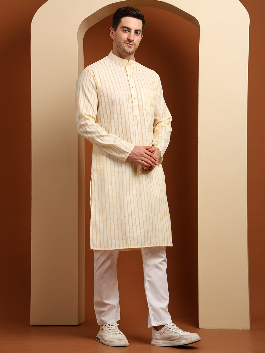 Beige Striped Cotton Kurta with White Pajama – Classic Ethnic Wear Set