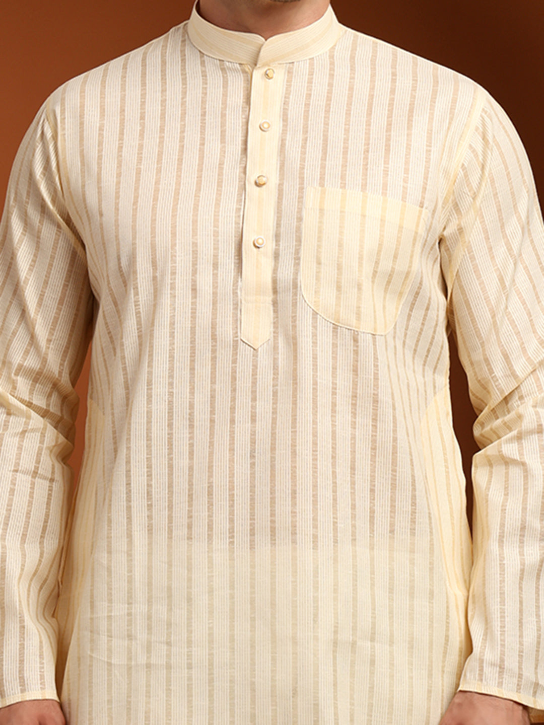 Beige Striped Cotton Kurta with White Pajama – Classic Ethnic Wear Set