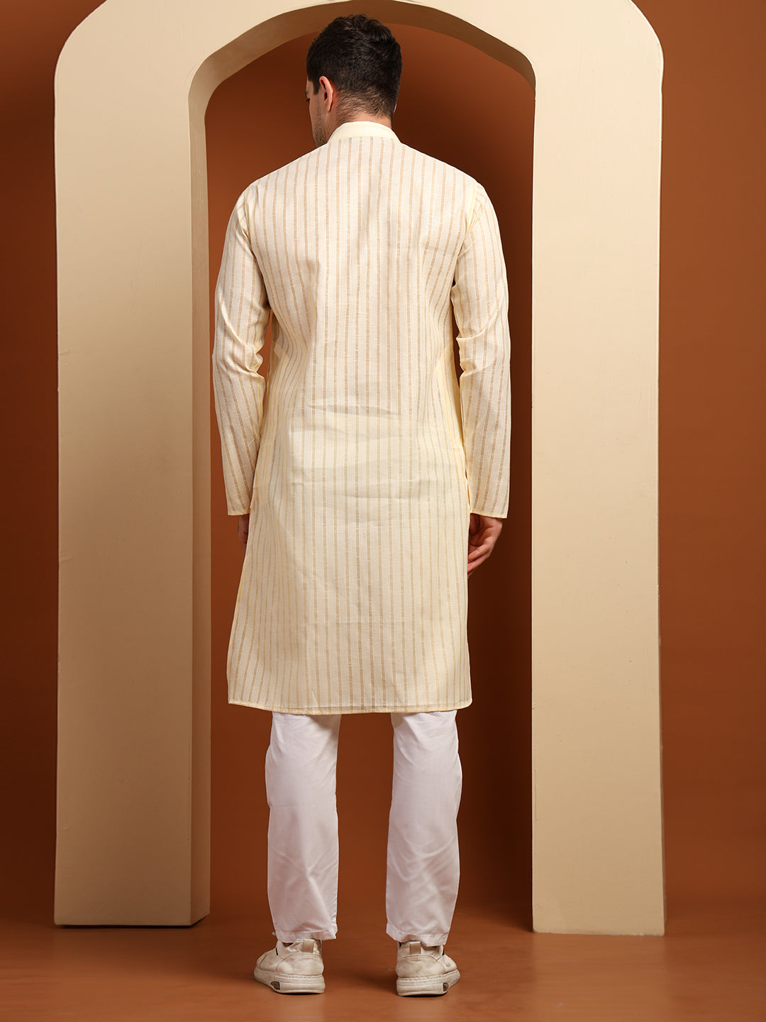 Beige Striped Cotton Kurta with White Pajama – Classic Ethnic Wear Set