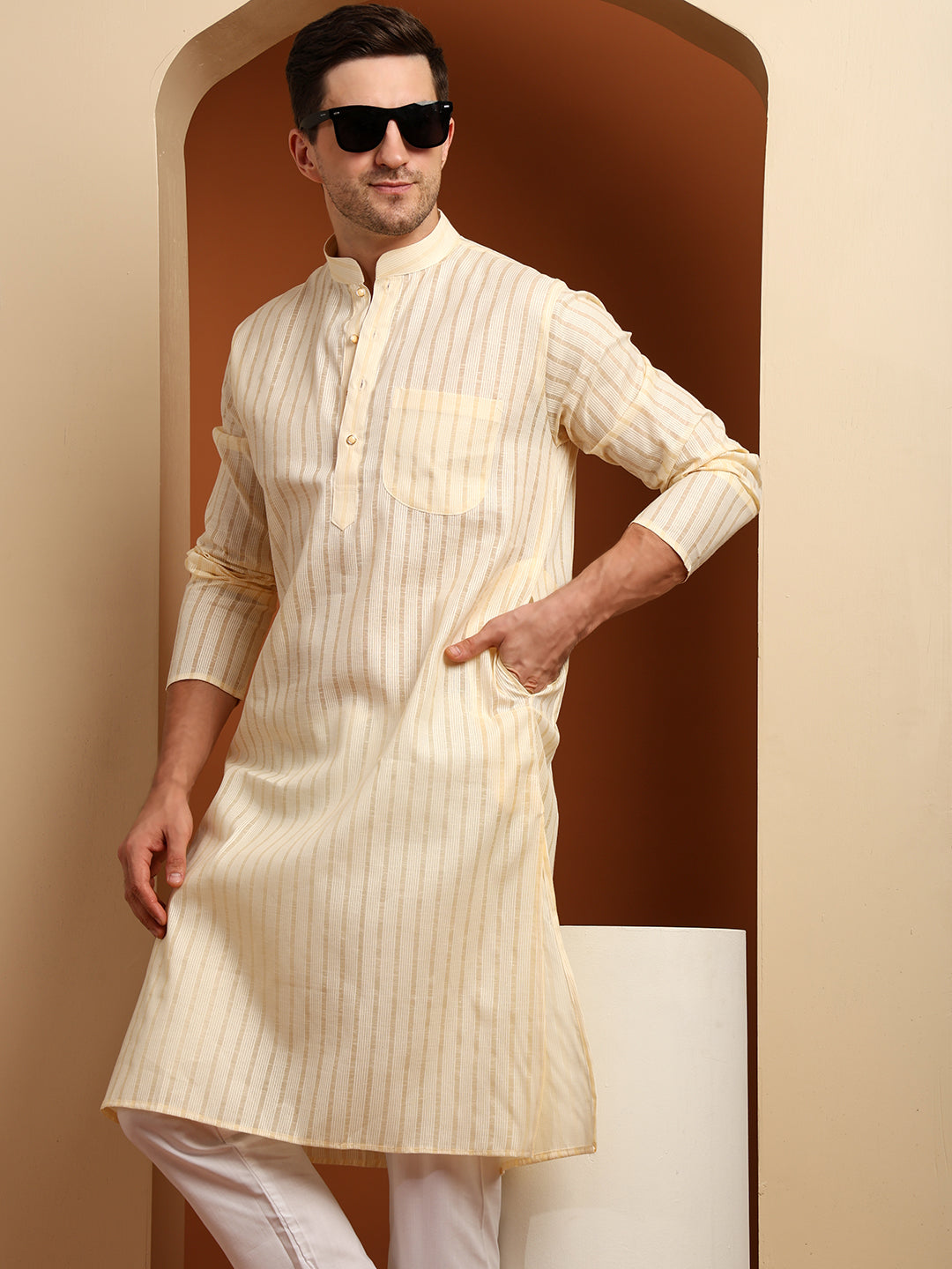 Beige Striped Cotton Kurta with White Pajama – Classic Ethnic Wear Set