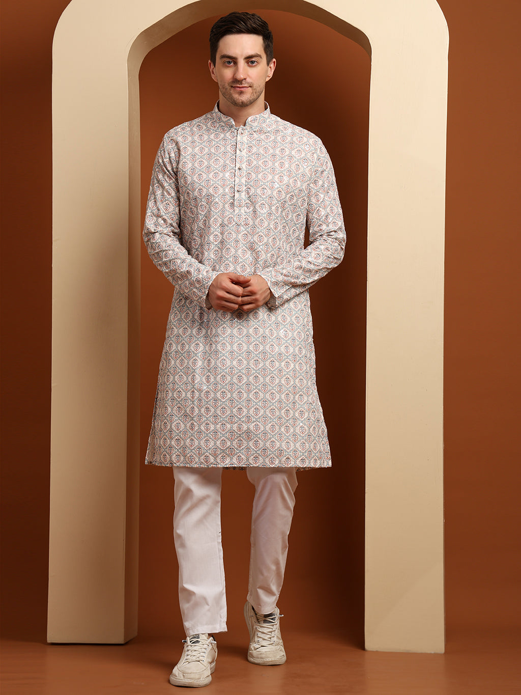 Off-White Floral Print Cotton Kurta with Pajama – Elegant & Comfortable Ethnic Wear