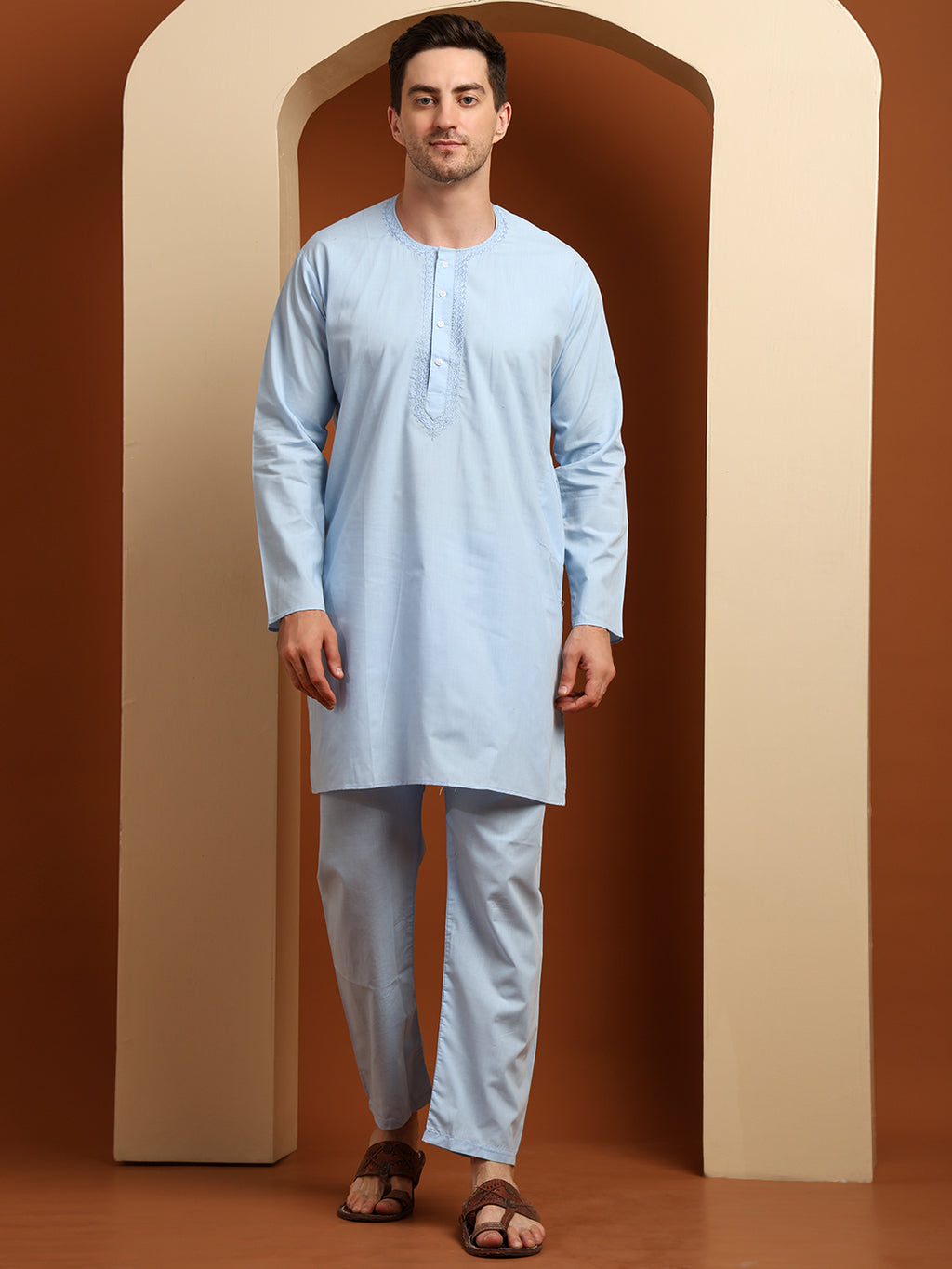 Sky Blue Men’s Terry Cotton Blend Kurta Pajama Set – Traditional Ethnic Wear