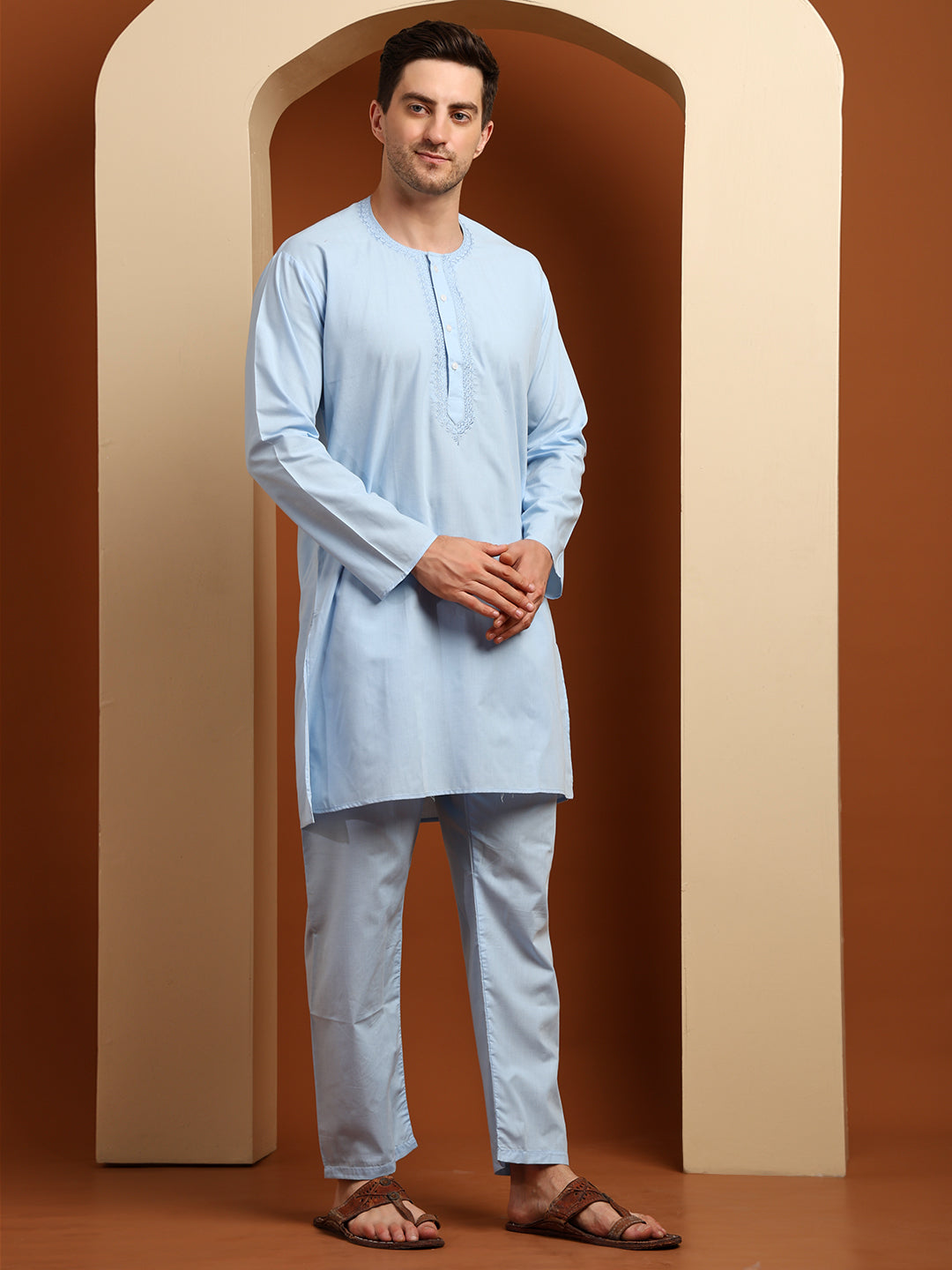 Sky Blue Men’s Terry Cotton Blend Kurta Pajama Set – Traditional Ethnic Wear