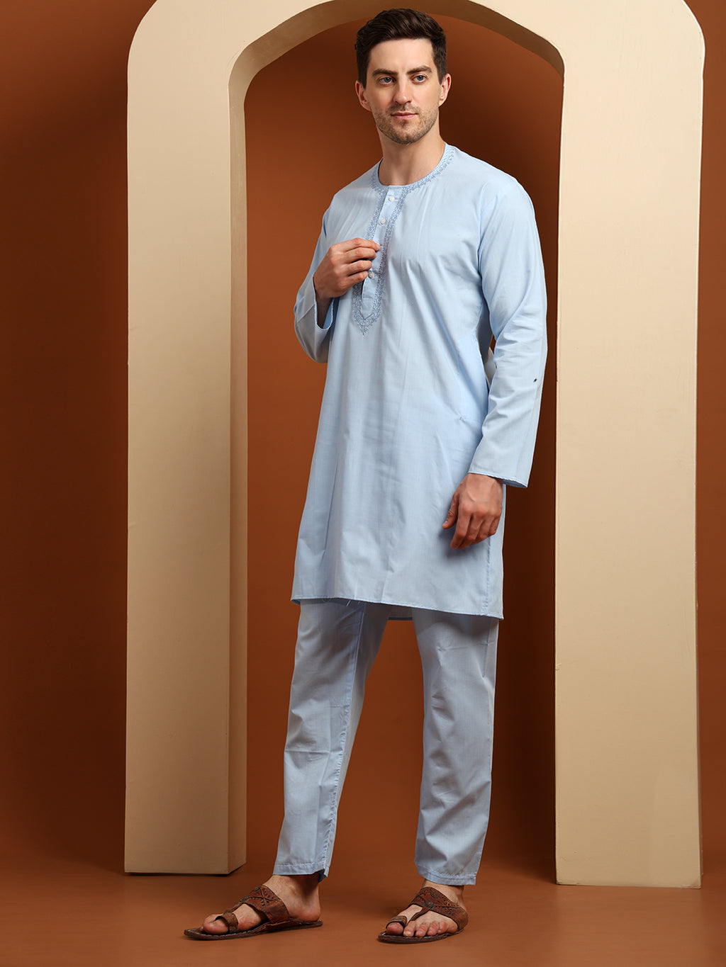 Sky Blue Men’s Terry Cotton Blend Kurta Pajama Set – Traditional Ethnic Wear