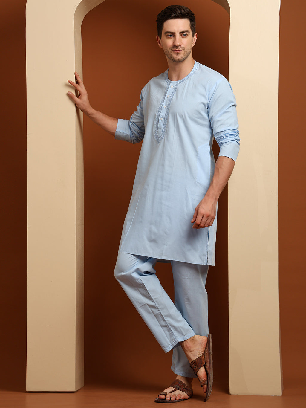 Sky Blue Men’s Terry Cotton Blend Kurta Pajama Set – Traditional Ethnic Wear