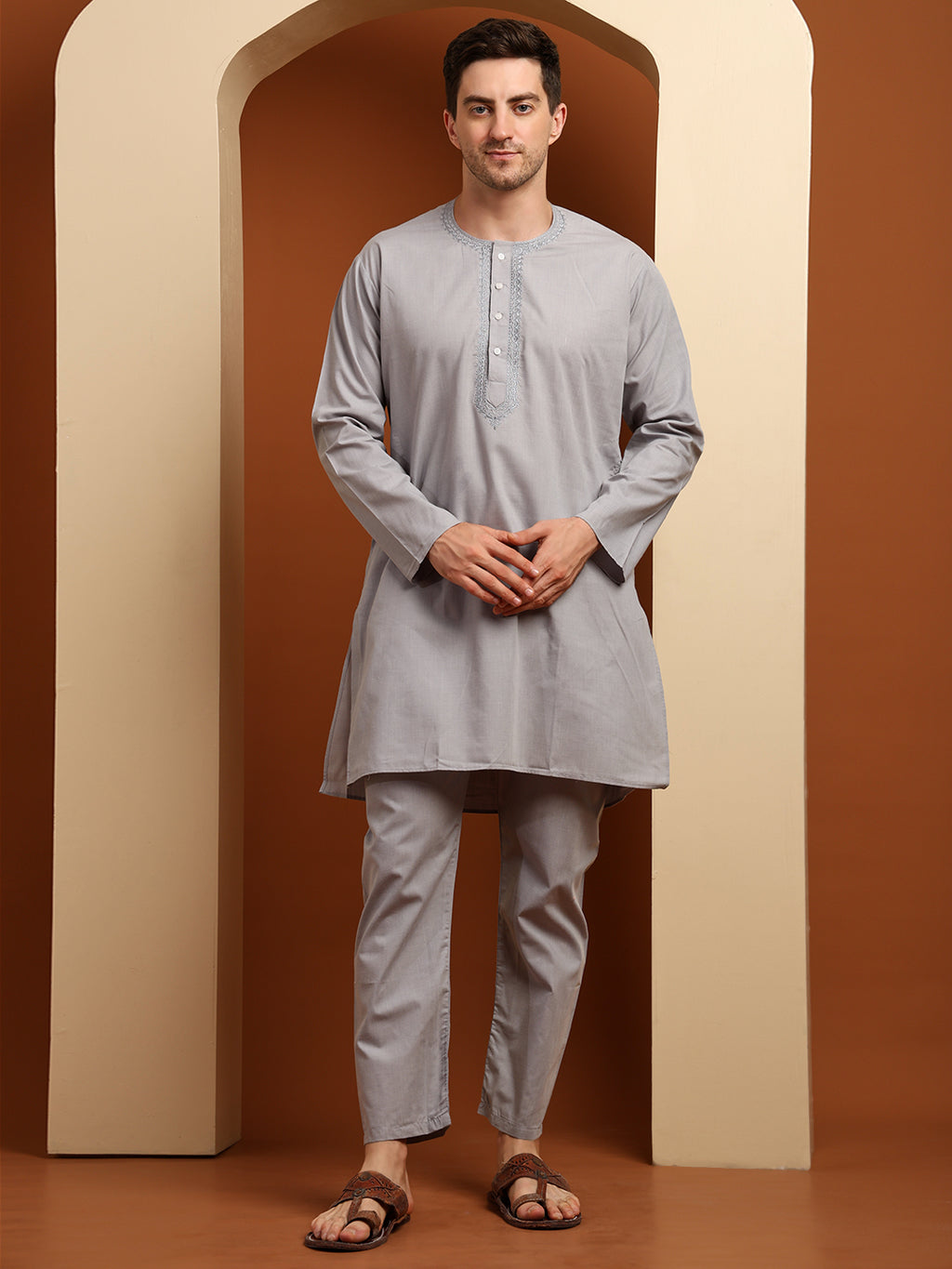 Moon Grey Men’s Terry Cotton Blend Kurta Pajama Set – Traditional Ethnic Wear