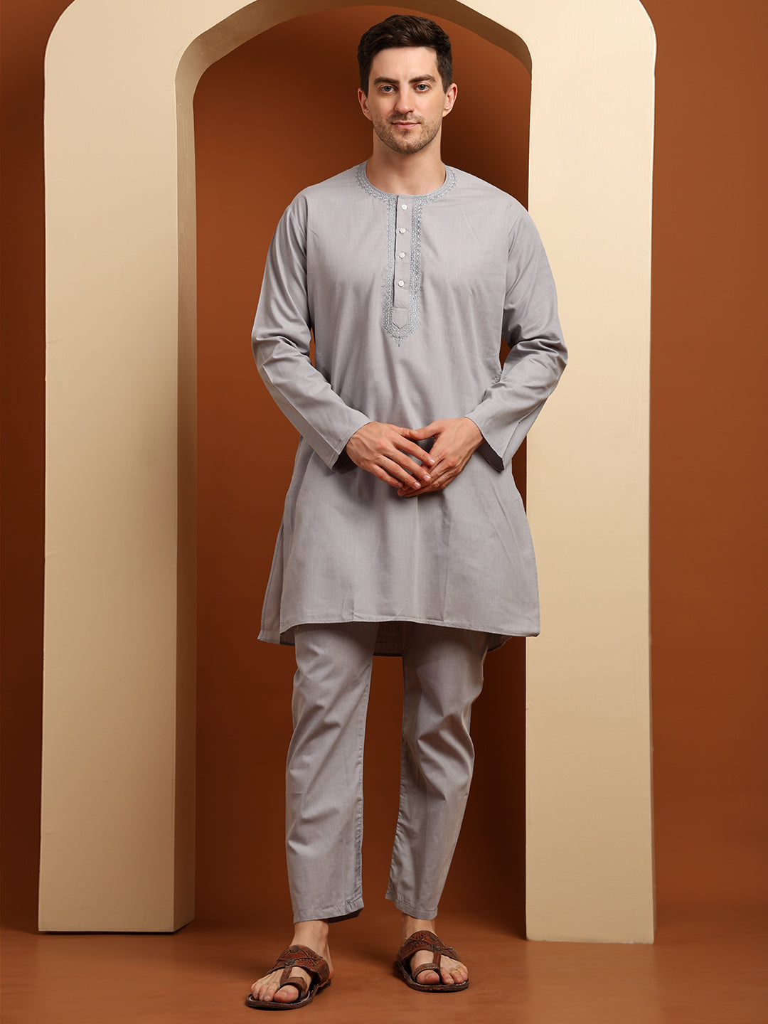Moon Grey Men’s Terry Cotton Blend Kurta Pajama Set – Traditional Ethnic Wear