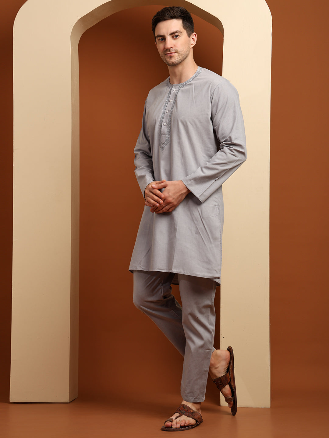 Moon Grey Men’s Terry Cotton Blend Kurta Pajama Set – Traditional Ethnic Wear