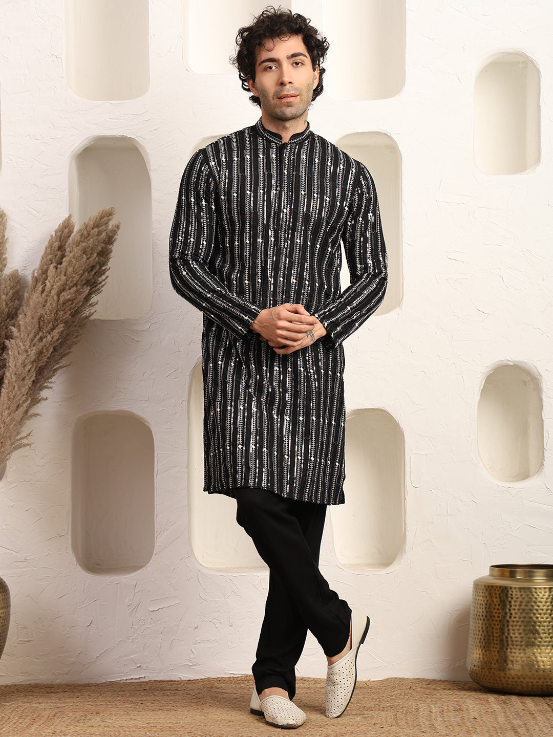 Black Rhythm Ikat Textured Kurta Pajama Set for Men