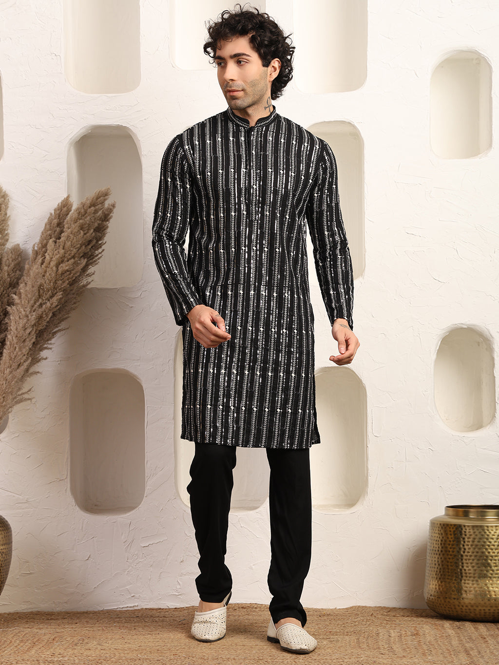 Black Rhythm Ikat Textured Kurta Pajama Set for Men