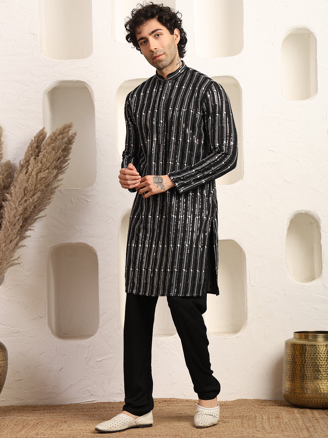 Black Rhythm Ikat Textured Kurta Pajama Set for Men