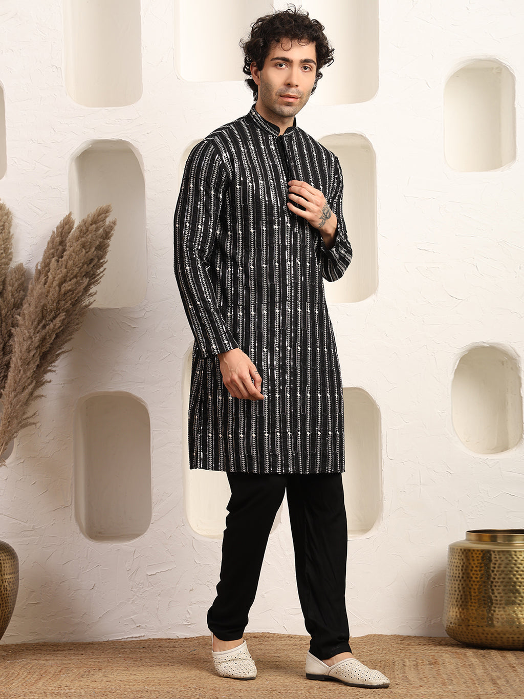 Black Rhythm Ikat Textured Kurta Pajama Set for Men