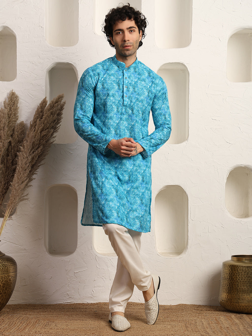 Printed Sky Blue Printed Chikankari Men's Kurta Pajama Set