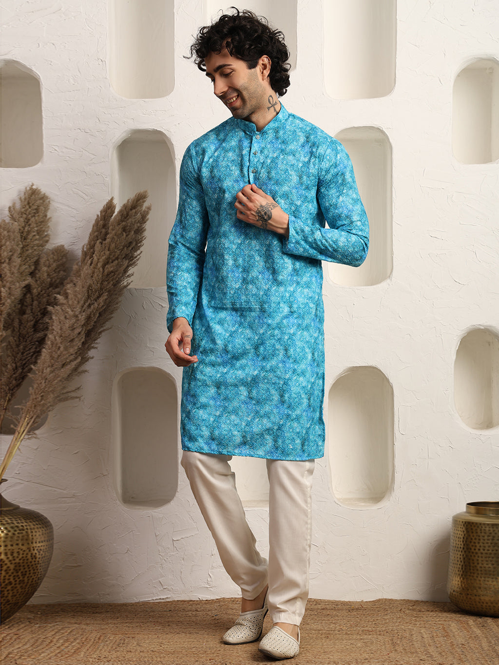 Printed Sky Blue Printed Chikankari Men's Kurta Pajama Set