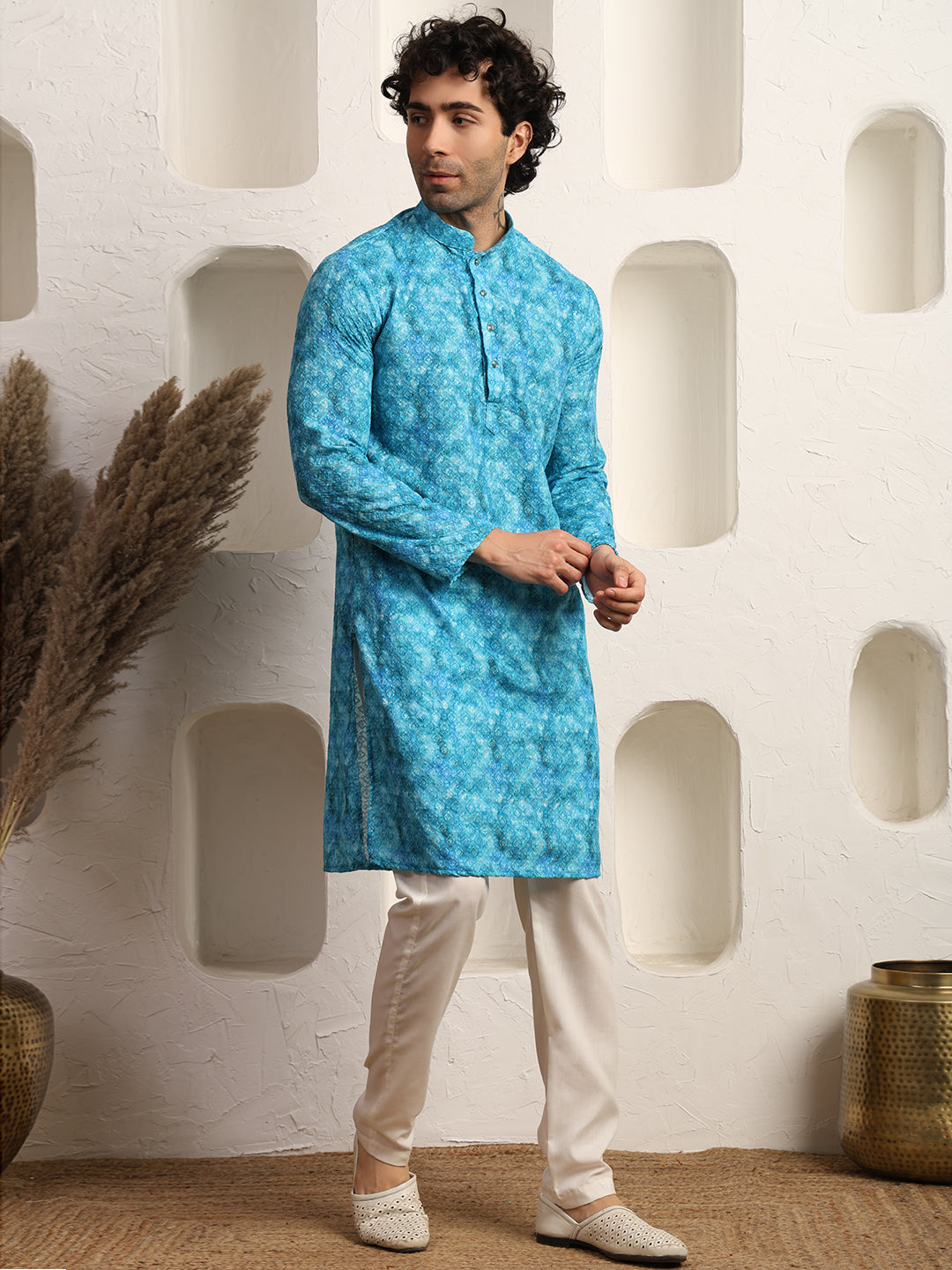 Printed Sky Blue Printed Chikankari Men's Kurta Pajama Set