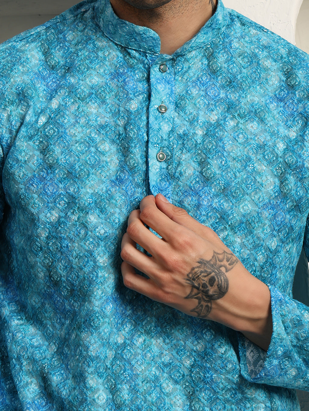 Printed Sky Blue Printed Chikankari Men's Kurta Pajama Set