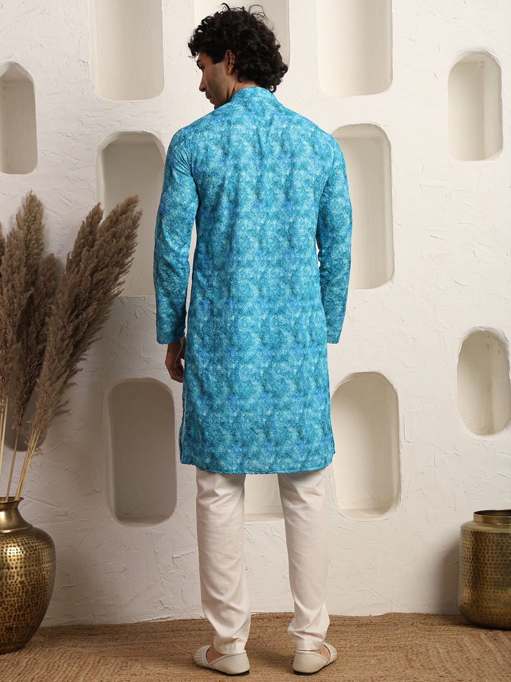 Printed Sky Blue Printed Chikankari Men's Kurta Pajama Set