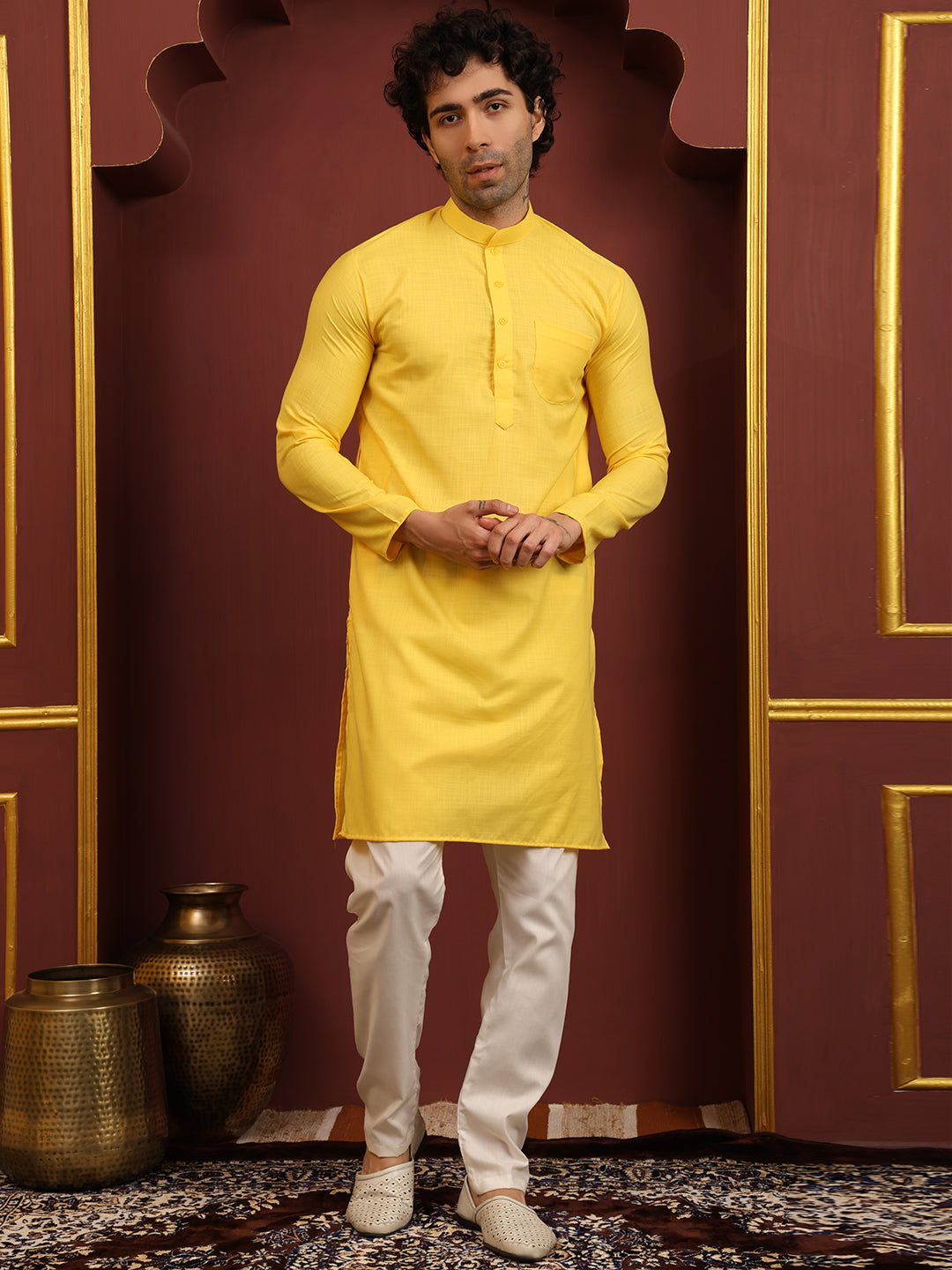 Yellow Men's Plain Kurta Pajama Set – Ruby Cotton Traditional Ethnic Wear
