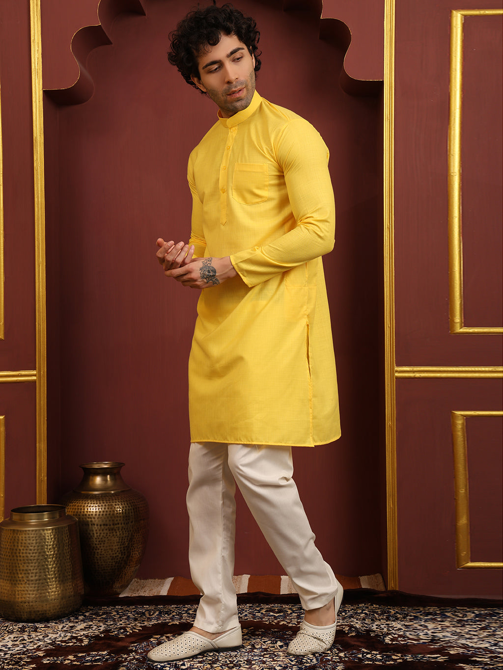 Yellow Men's Plain Kurta Pajama Set – Ruby Cotton Traditional Ethnic Wear