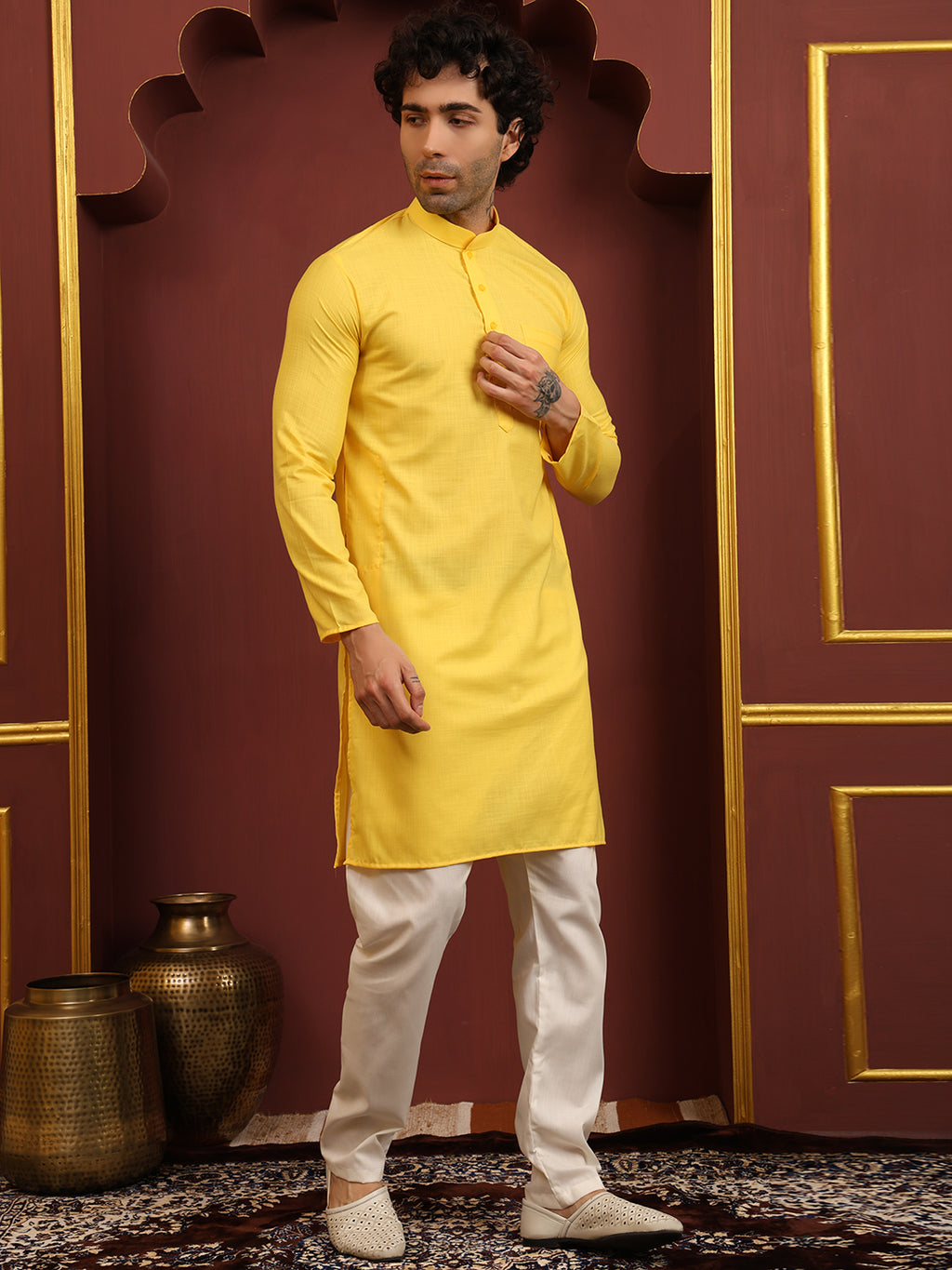 Yellow Men's Plain Kurta Pajama Set – Ruby Cotton Traditional Ethnic Wear