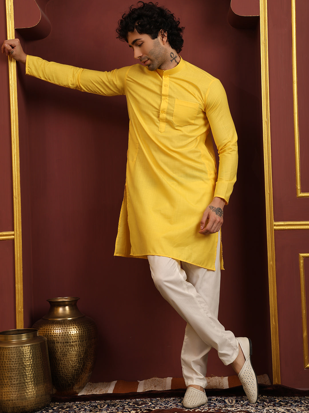 Yellow Men's Plain Kurta Pajama Set – Ruby Cotton Traditional Ethnic Wear
