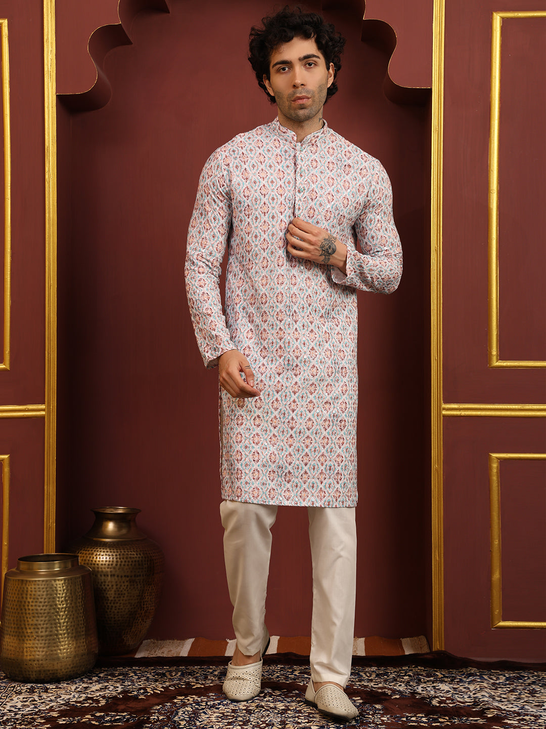 White & Multicolor Printed Cotton Kurta Pajama Set