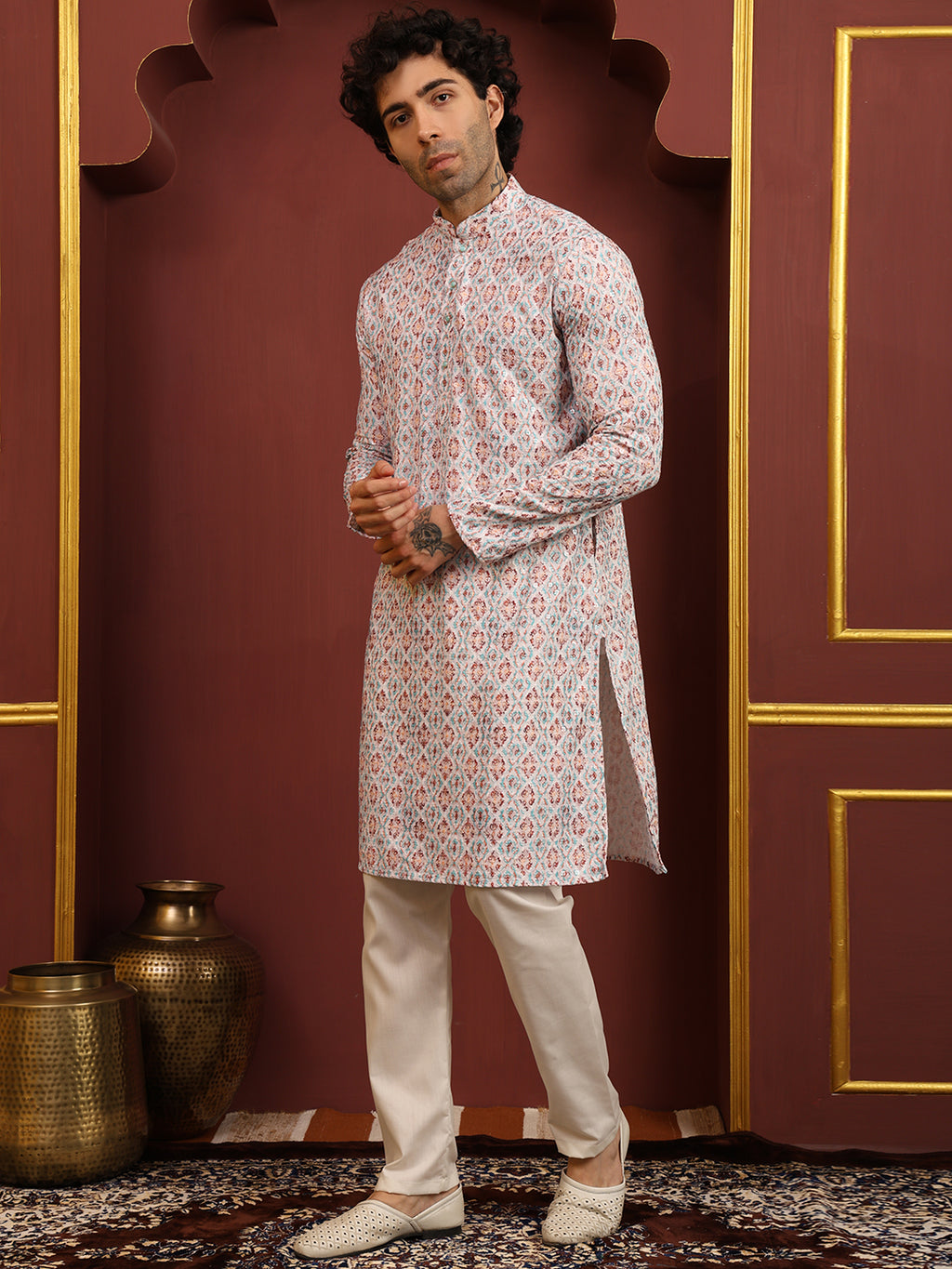 White & Multicolor Printed Cotton Kurta Pajama Set