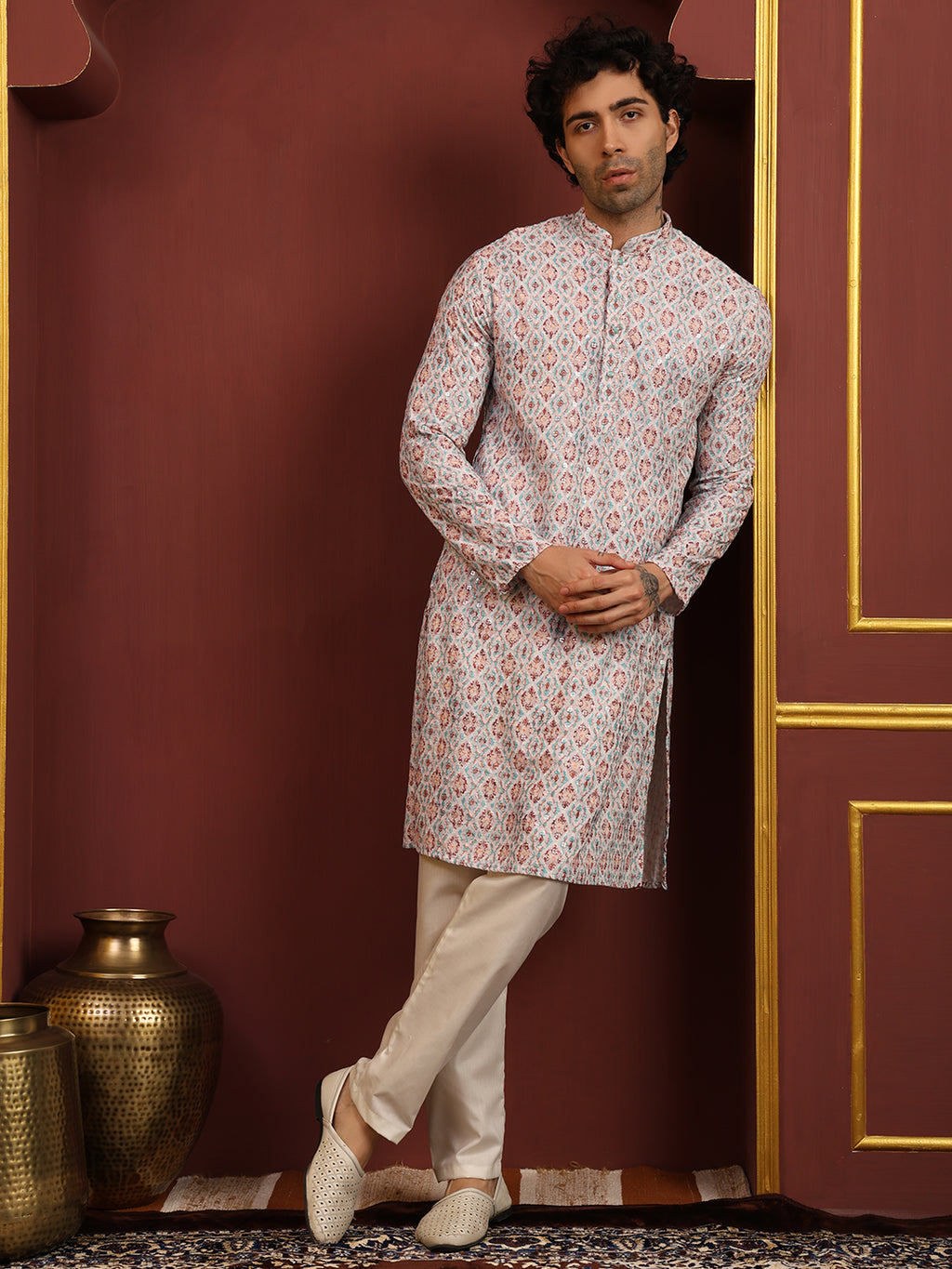 White Printed Chikankari Multicolor Cotton Kurta Pajama Set
