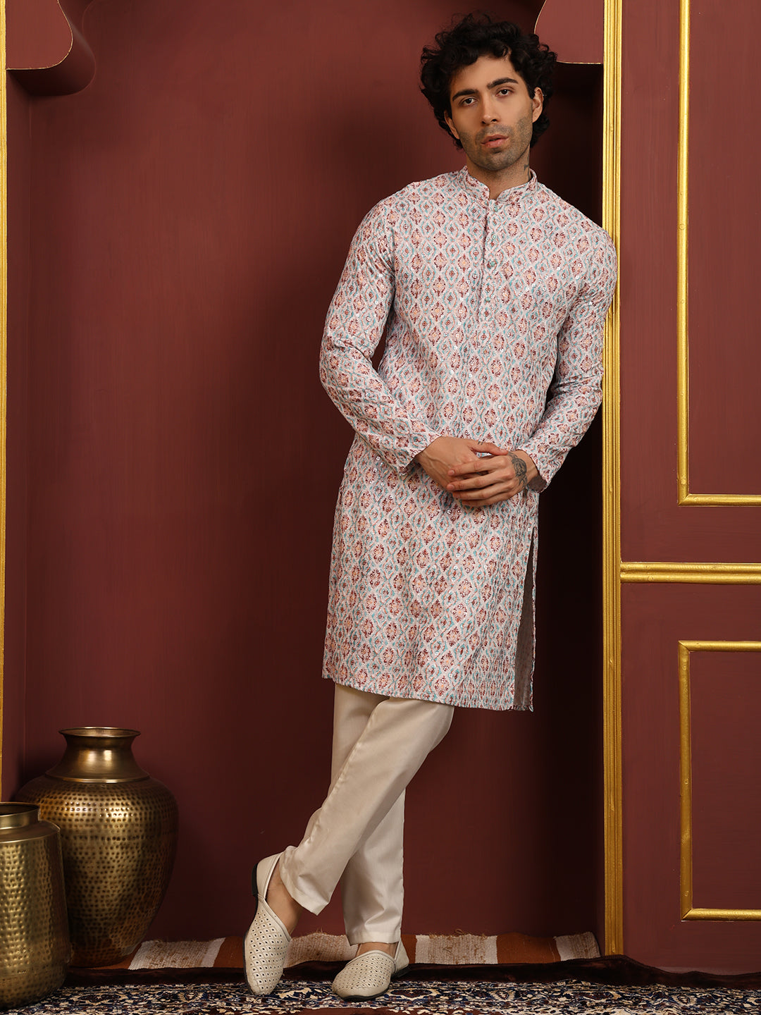 White Printed Chikankari Multicolor Cotton Kurta Pajama Set