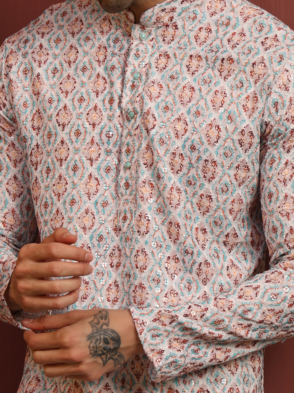 White & Multicolor Printed Cotton Kurta Pajama Set