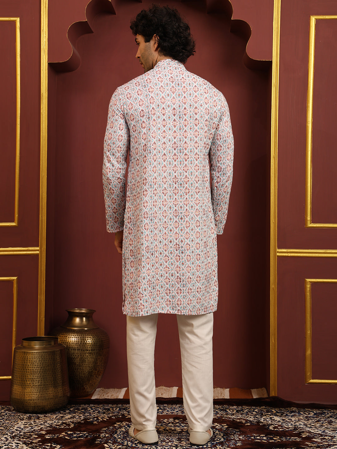 White & Multicolor Printed Cotton Kurta Pajama Set
