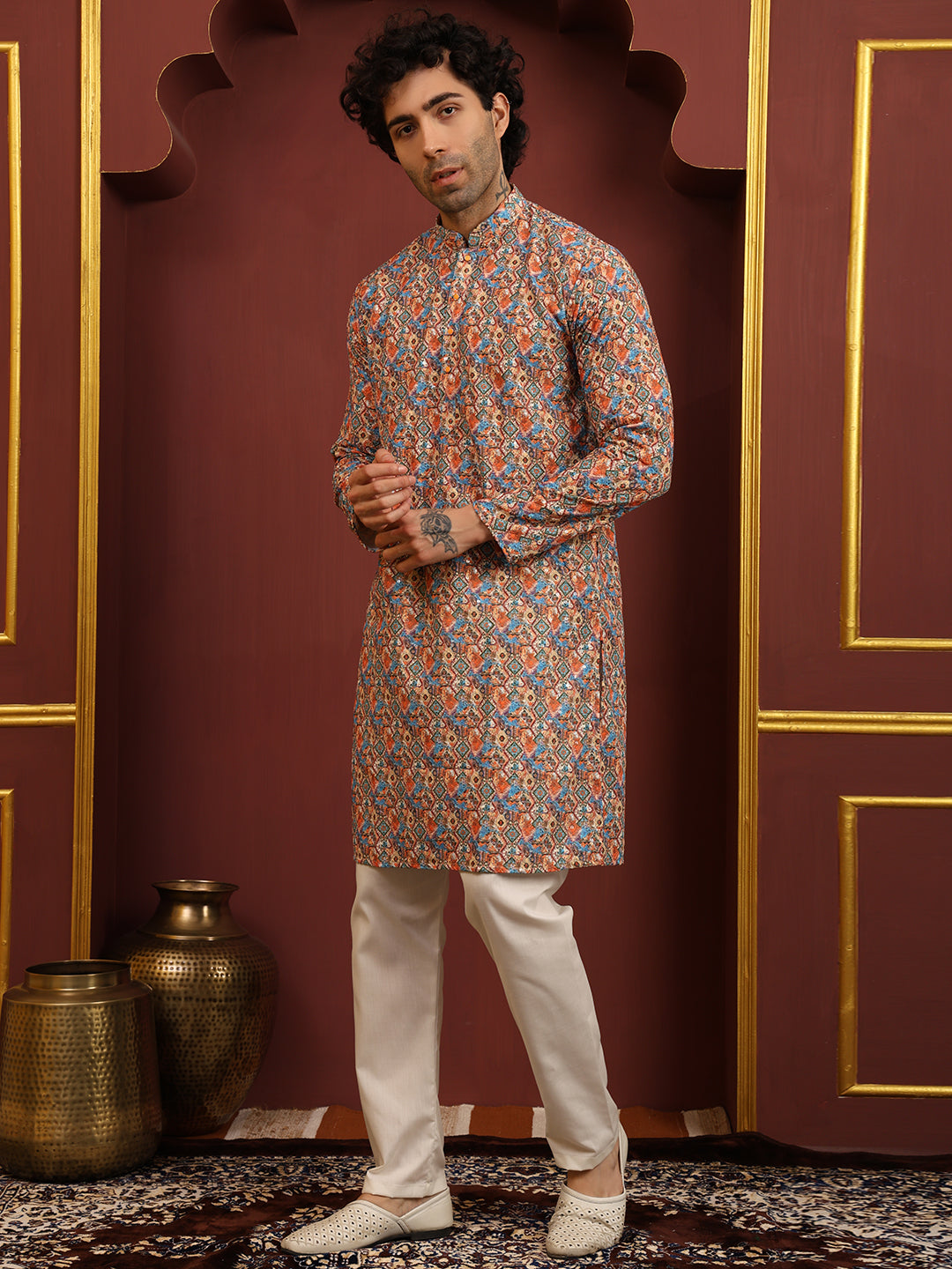 Printed Sequence Multicolor Cotton Kurta Pajama Set