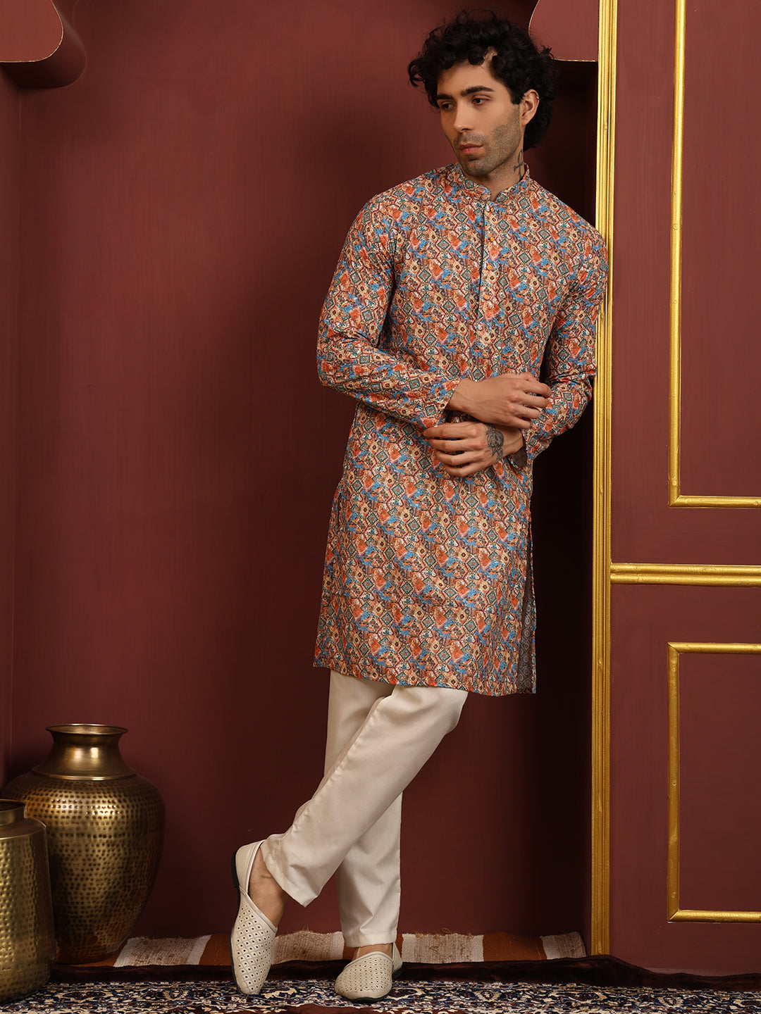 Printed Sequence Multicolor Cotton Kurta Pajama Set