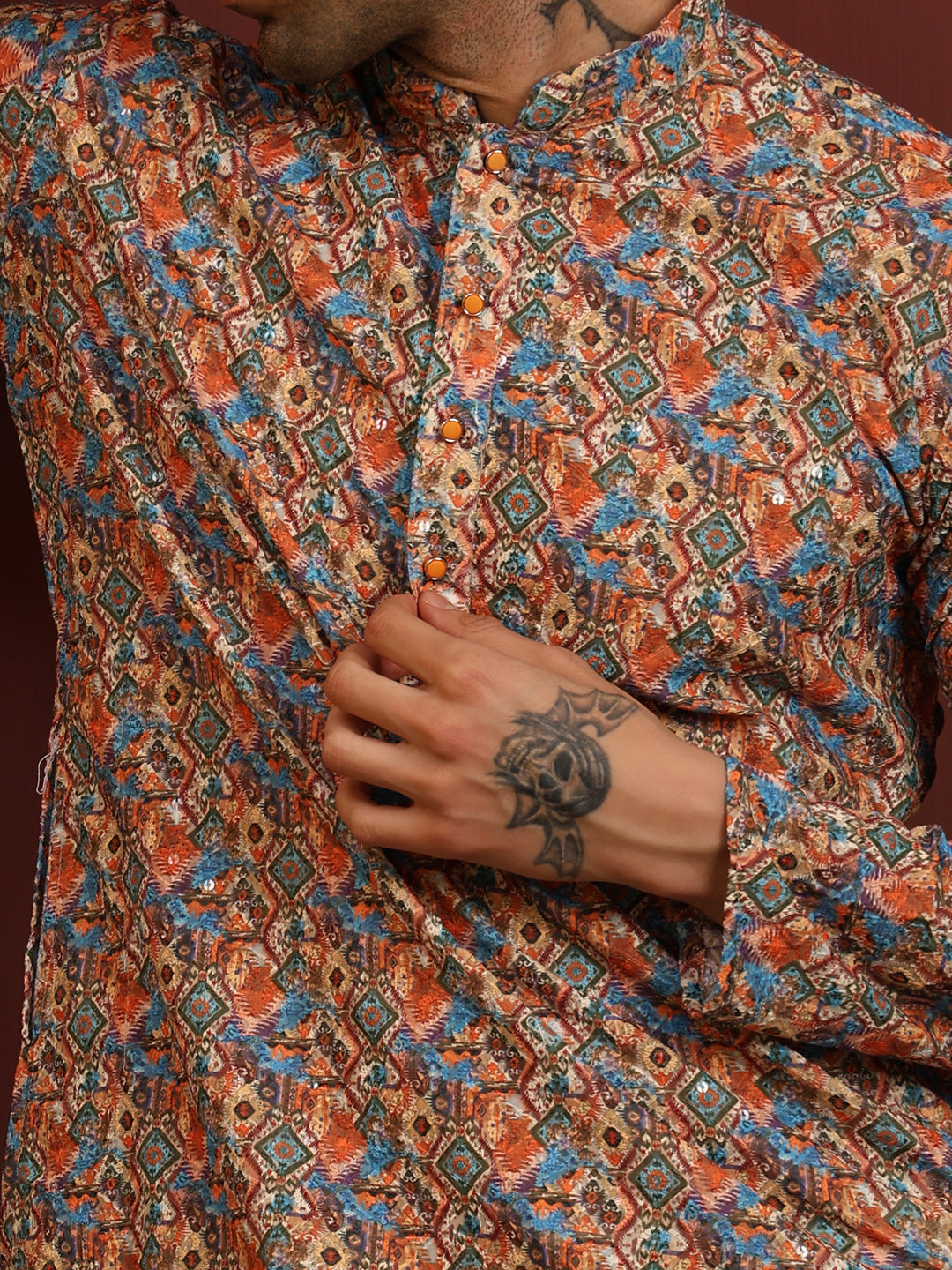 Printed Sequence Multicolor Cotton Kurta Pajama Set