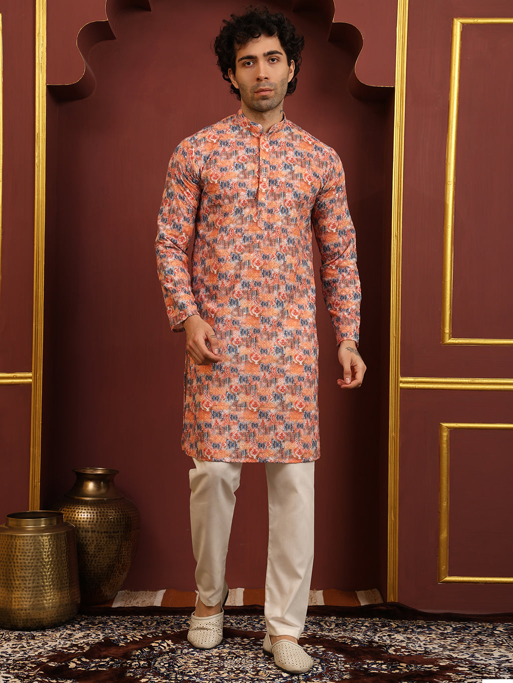 Printed Orange Sequence Men's Kurta Pajama Set