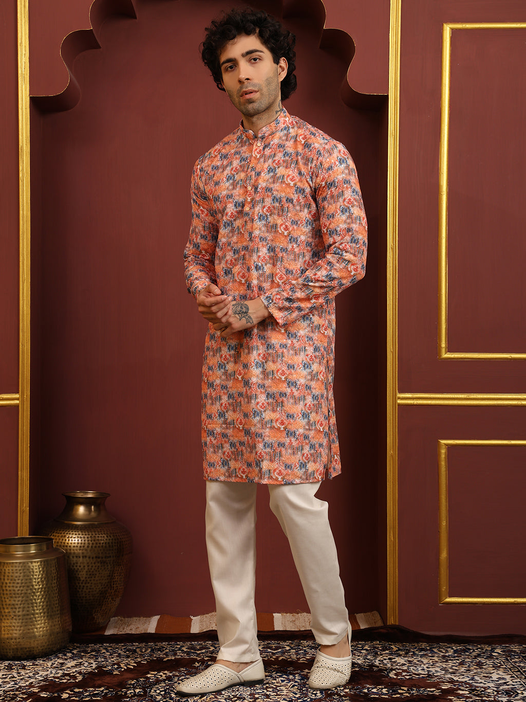 Printed Orange Sequence Men's Kurta Pajama Set