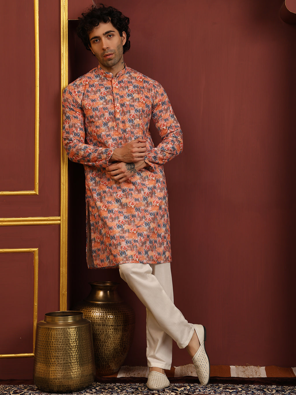 Printed Orange Sequence Men's Kurta Pajama Set