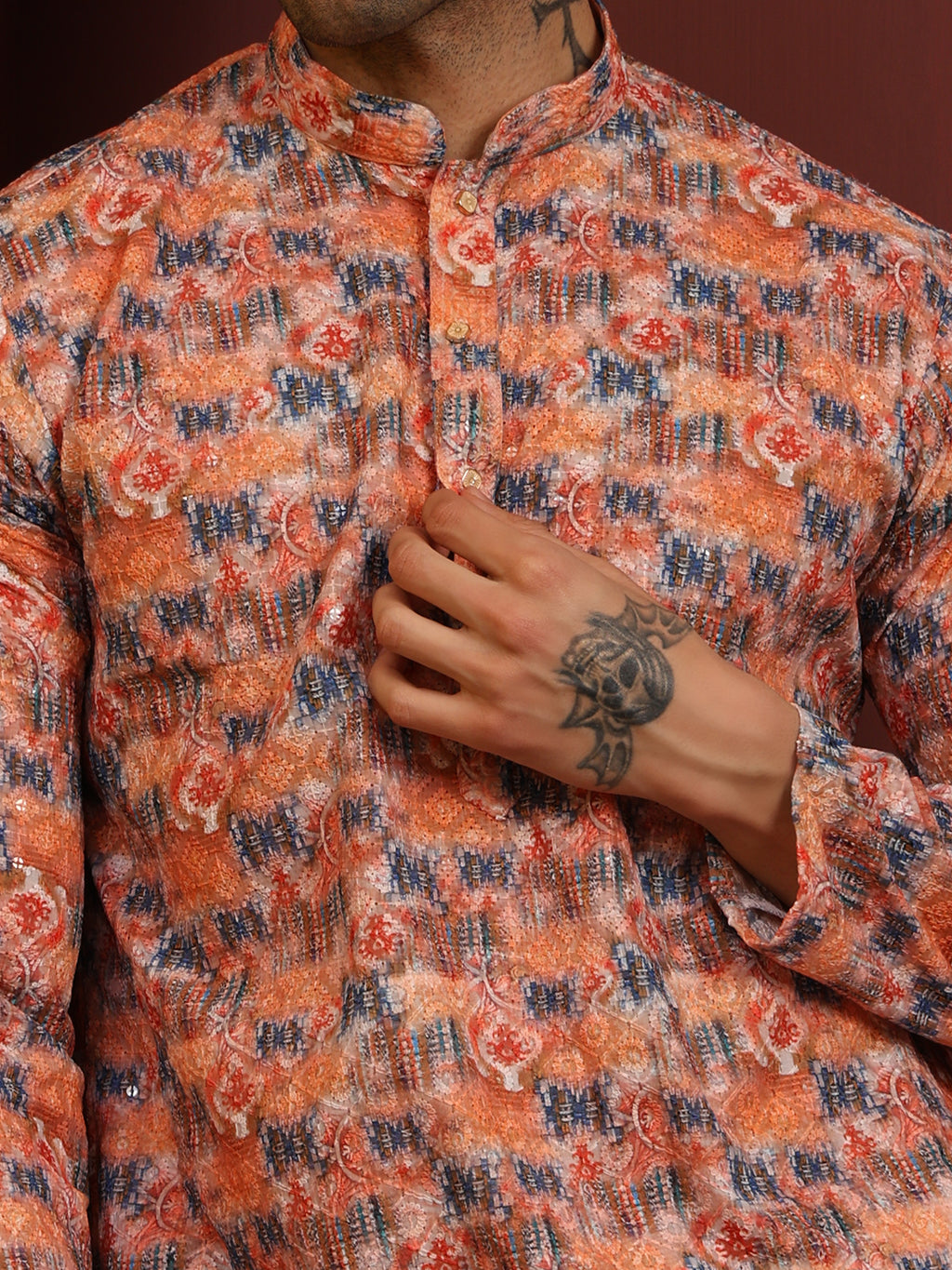 Printed Orange Sequence Men's Kurta Pajama Set